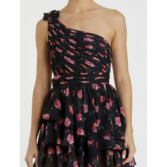 Mac Duggal Black Floral High Low One Shoulder Maxi Dress Gown Sz 4 NWT - Picture 2 of 11